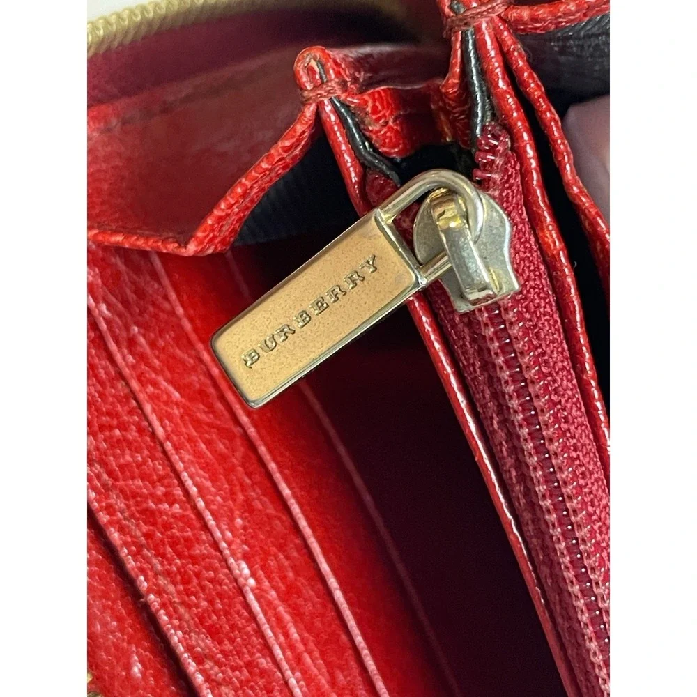 90s BURBERRY Leather Wallet Women's Zip Around Red Leather 7.5x3.75" - Picture 10 of 15